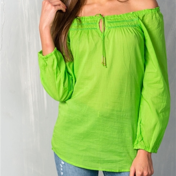 🌅LIME COLORED BOHO OFF SHOULDER TOP - Picture 2 of 3